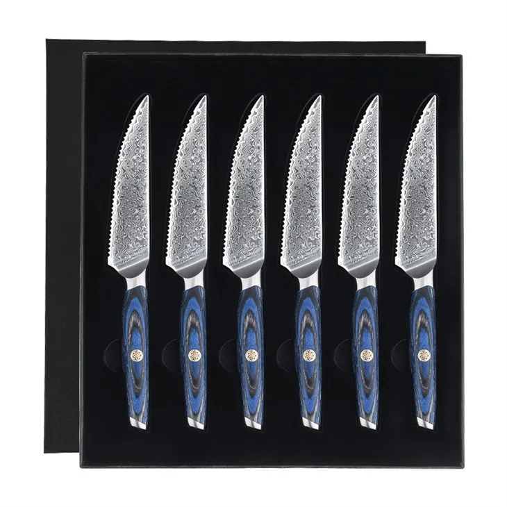 DS-2967 Damascus Steel Kitchen Steak Knife with Blue Color Wood Handle Beef Knife-4